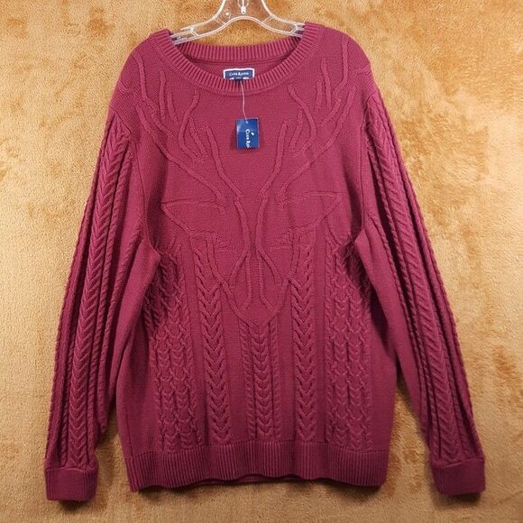 CLUB ROOM Sweater Mens XXL Maroon Red Pullover Crew Chunky Knit Elk Cottage - Picture 2 of 8